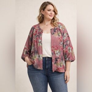 Hiatus Pink Floral Striped Open-Front Jacket with 3/4 Sleeves – Sz 3X